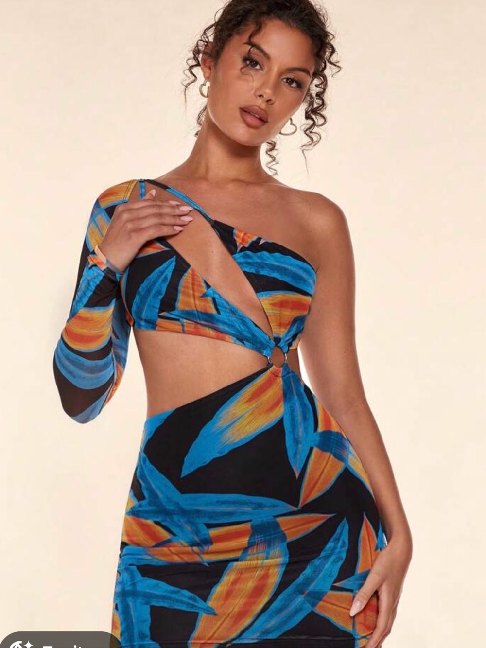 SHEIN Tropical One Shoulder Cutout Mini Dress Blue Orange Floral Mesh Sleeve L